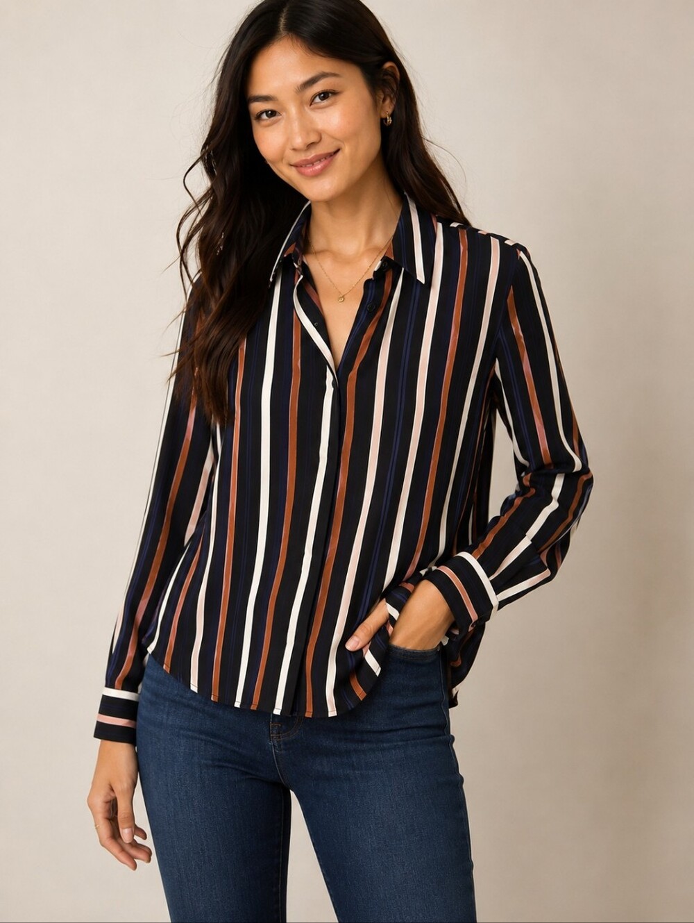 ❤️ HALOGEN STRIPED BUTTON DOWN FLOWY SHIRT / TOP, XS
